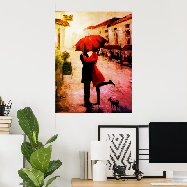Poster Casal Romântico Beijando Sob O Guarda-Chuva (Escritório em casa)