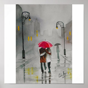PÔSTER CASAL ROMÂNTICO DO GUARDA-CHUVA VERMELHO DO DIA