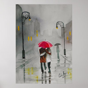 Poster Casal romântico do guarda-chuva vermelho do outon