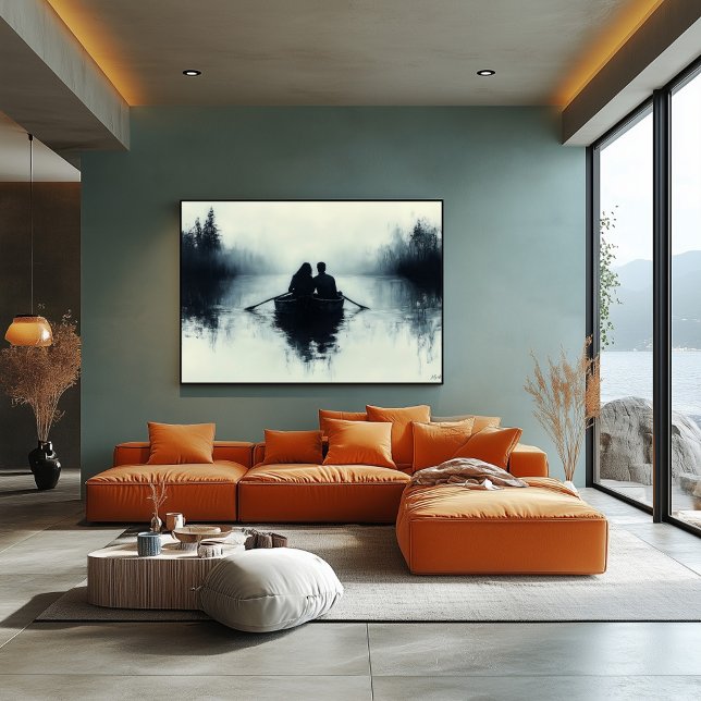 Poster Casal Romântico Remando em um Lago Nebuloso Minima (Criador carregado)