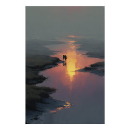 Pôster Casal Silhueta Reflexo na Corrente do Pôr do Sol