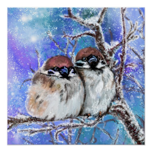 Pôster Casal Sparrows No Poster de Inverno - Pintura (Frente)