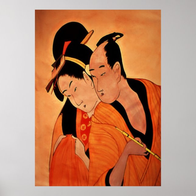 Poster Casal tradicional japonês em laranja (Frente)
