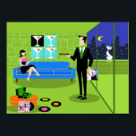 Poster Casal urbano retrorado<br><div class="desc">Este Poster de desenho animado urbano apresenta o desenho animado de um apartamento de penthouse elegantemente decorado, com vista para uma linha do horizonte da cidade. O apartamento tem um chão verde e uma parede de tijolos verdes. Na parede estão quatro Classic Movie Martini Stretered Canvas Prints, também disponível na...</div>