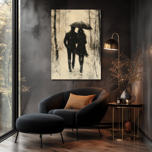 Poster Casal Vintage a Carvão em Floresta Nevada
