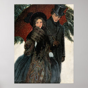 Poster Casal Vitoriano Antigo Caminhando na Neve