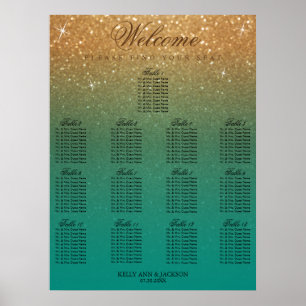 Poster Casamento 13 Assento - Teal e Dourada Brilhante