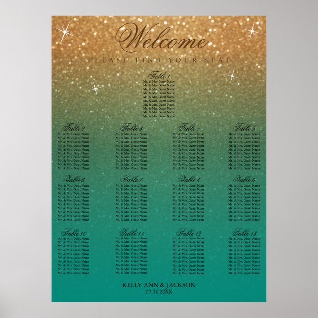 Poster Casamento 13 Assento - Teal e Dourada Brilhante (Frente)