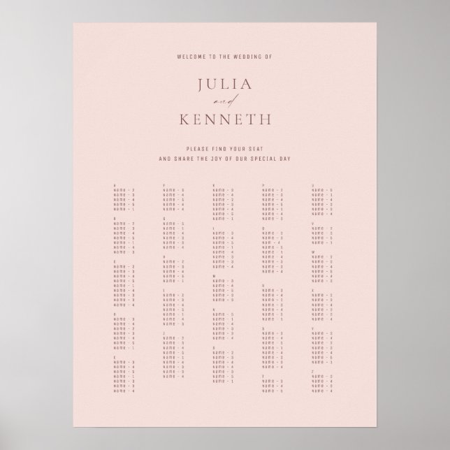 Poster Casamento Alfabético Clássico Elegante Rosa (Frente)