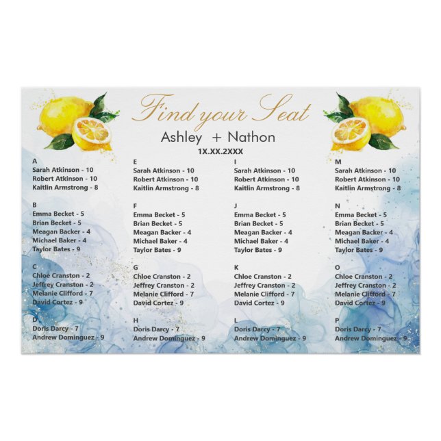 Pôster Casamento Amarelo-Azul-Limão Elegante (Frente)