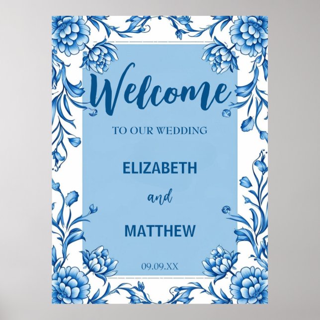 Poster Casamento antigo de Chinoiserie azul e branca (Frente)
