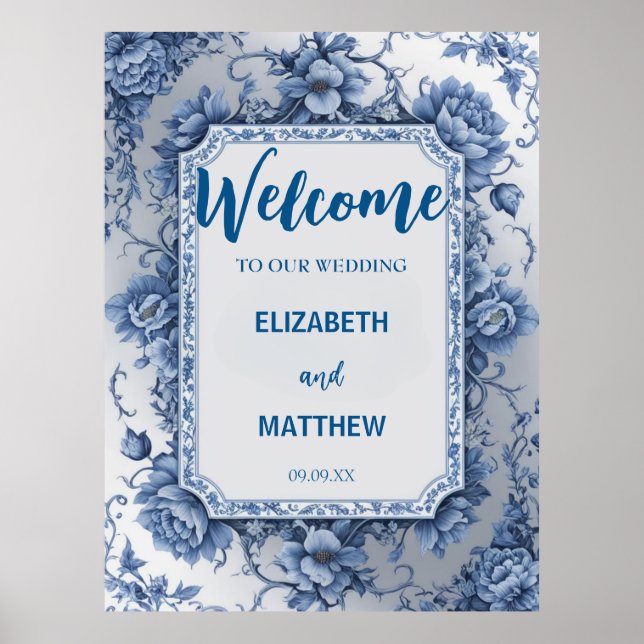 Poster Casamento antigo de Chinoiserie azul e branca (Frente)