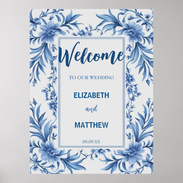 Poster Casamento antigo de Chinoiserie azul e branca (Frente)
