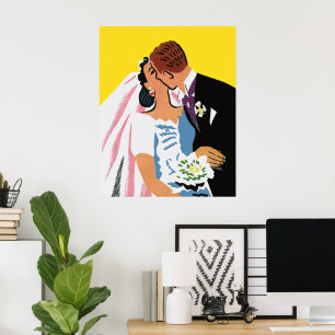 Pôster Casamento Antigo, Noivos Recém-Casados Beijando