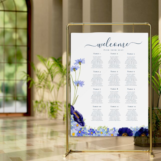 Pôster Casamento Azul de Flor Selvagem Moderno (Elegant wildflower blue floral wedding 12 table seating plan welcome)