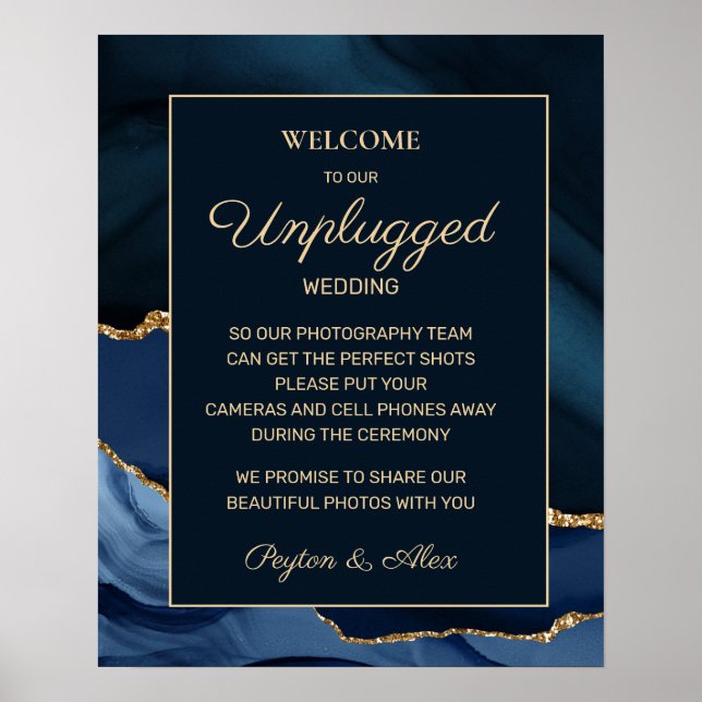 Poster Casamento Azul Marinho Dourado Mármore Ágata Desco (Frente)
