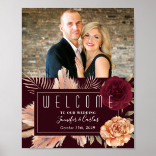 Poster Casamento Bem-vindo Floral Burgundy Temperamental