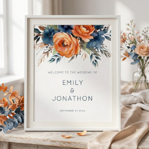Poster Casamento Bem-vindo Floral Laranja Queimada Marinh