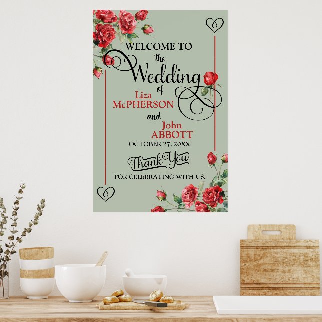 Poster Casamento bonito de sábio verde e Rosas vermelhas (Cozinha)