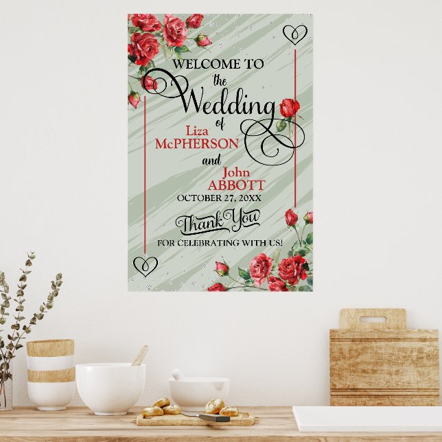 Poster Casamento bonito de sábio verde e Rosas vermelhas (Cozinha)