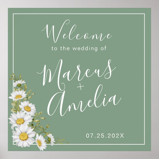 Poster Casamento bonito dos Green & White Daisies (Frente)