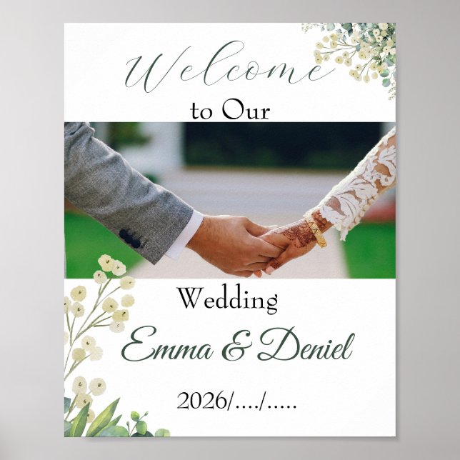 Poster Casamento Botânico de Eucalipto e Florais Brancas (Frente)