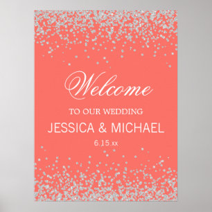 Poster Casamento Brilhante Coral Prateado Glitter Elegant
