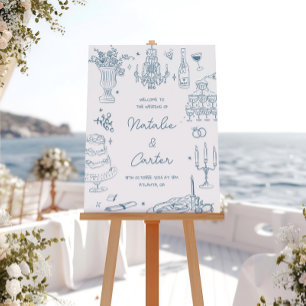 Pôster Casamento Caprichoso Mão Desenhada Azul Desbotado