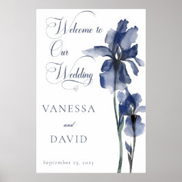 Poster Casamento Centrado com Flor Íris Azul Moderno