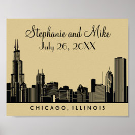 Pôster Casamento Chicago Skyline Dourado e Preto