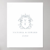 Casamento com Brasão Monograma Azul Empoeirado