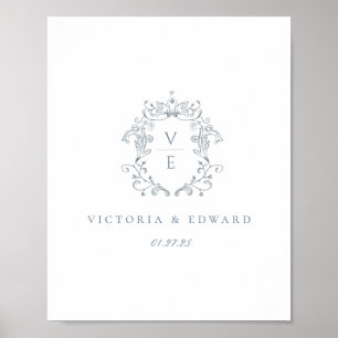 Poster Casamento com Brasão Monograma Azul Empoeirado