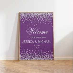 Poster Casamento com Brilho Prateado Espelhado Roxo