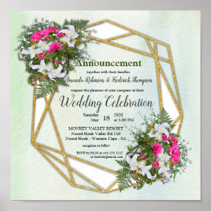 Poster Casamento com Buquê de Flor de Quadro Dourado Geo