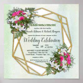 Poster Casamento com Buquê de Flor de Quadro Dourado Geom