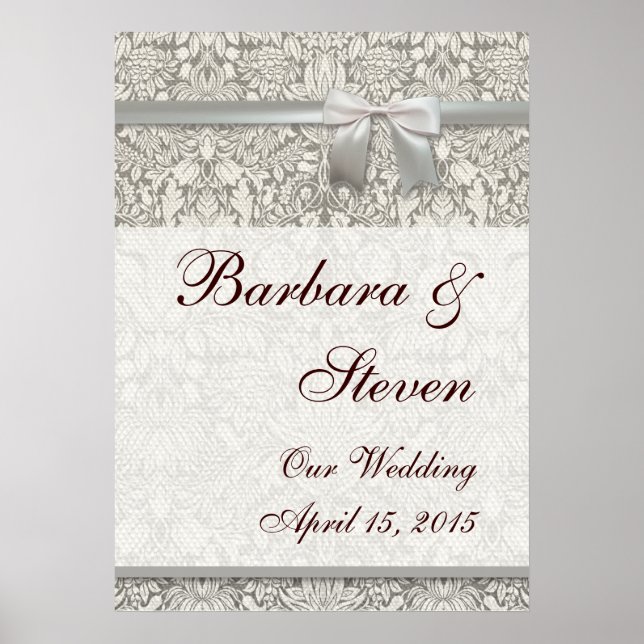 Pôster Casamento com Damask Vintage White Casamento Antig (Frente)