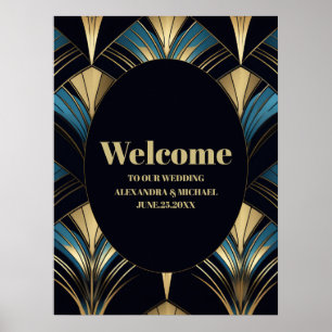 Poster Casamento com Deco Azul e Dourado