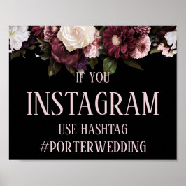Poster Casamento com Hashtag do Instagram Floral Rosa-Ros