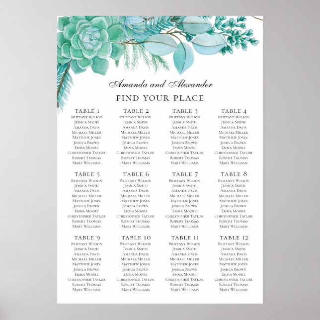 Poster Casamento com menta. Quadro de assentos de suculen (Frente)