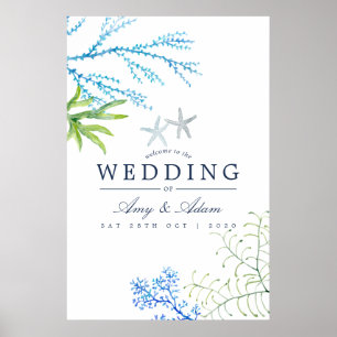 Poster Casamento com tema de praia com algas em aquarela