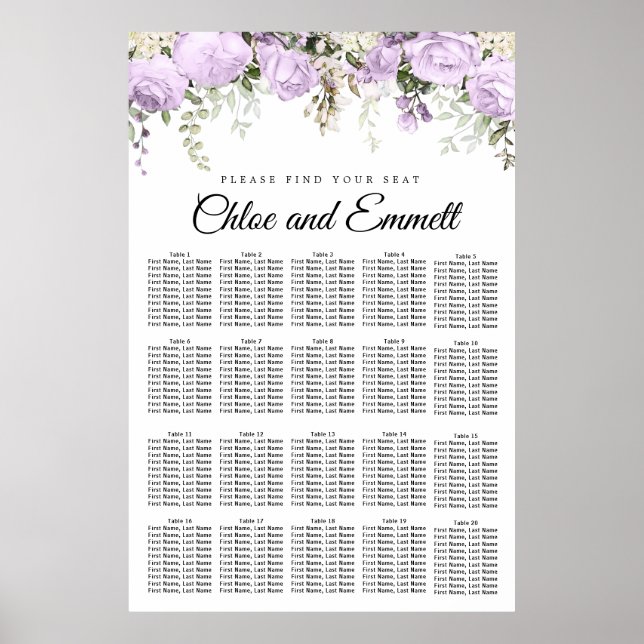 Poster Casamento de 20 Mesas com Floral Roxo Grande (Frente)