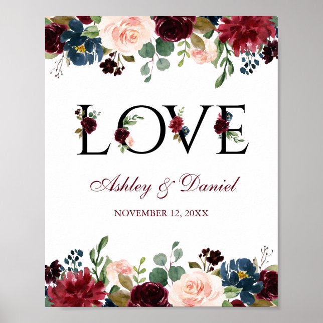 Poster Casamento De Amor Floral Azul Com Aquarelas Burgun (Frente)