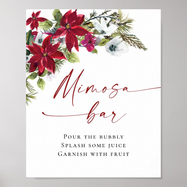 Poster Casamento de Bar Elegante Red Poinsettia Mimosa (Frente)