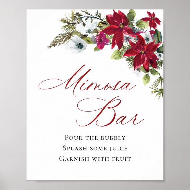 Poster Casamento de Bar Elegante Red Poinsettia Mimosa (Frente)