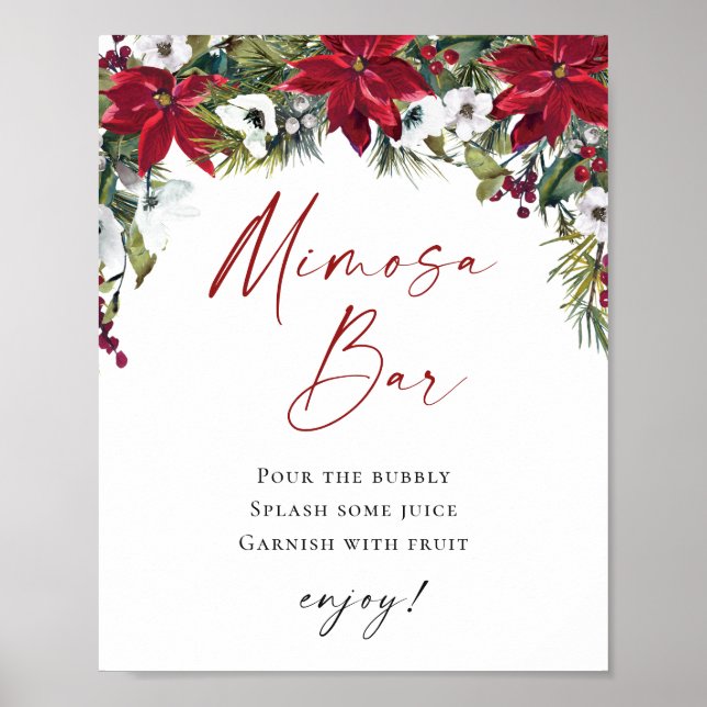 Poster Casamento de Bar Elegante Red Poinsettia Mimosa (Frente)