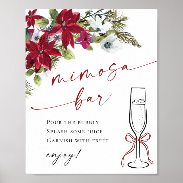 Poster Casamento de Bar Elegante Red Poinsettia Mimosa (Frente)
