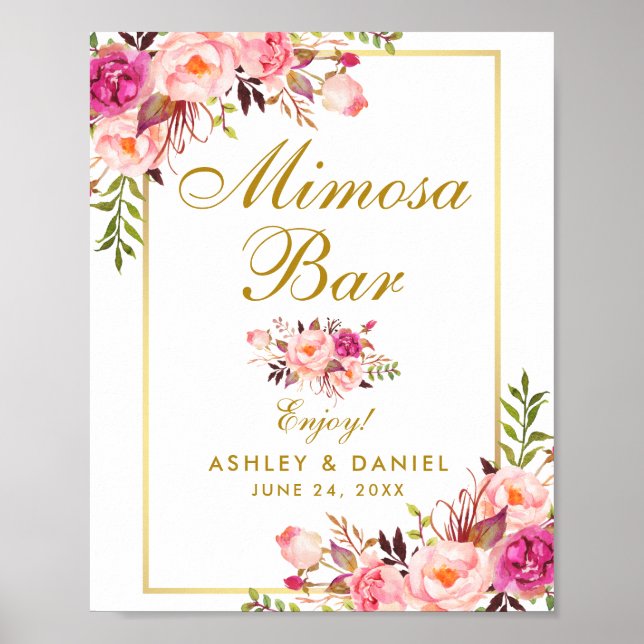 Poster Casamento de Bar Mimosa Dourado Rosa Floral (Frente)