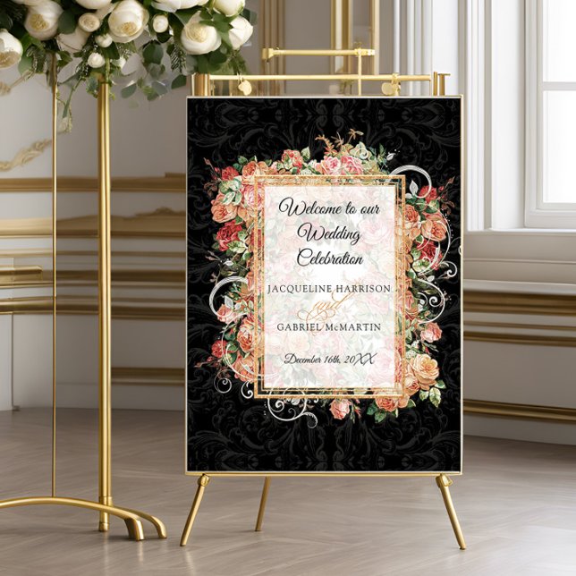 Poster Casamento de Boas-vindas ao Rosa Floral Blush Blac (Criador carregado)