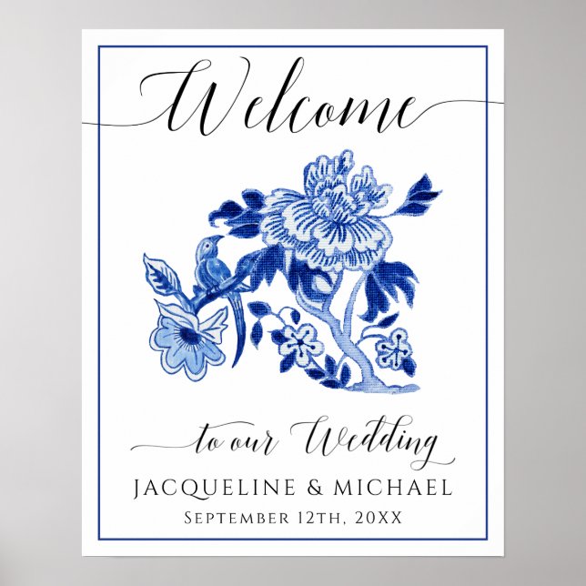 Poster Casamento de Boas-vindas da Chinoiserie Floral Blu (Frente)