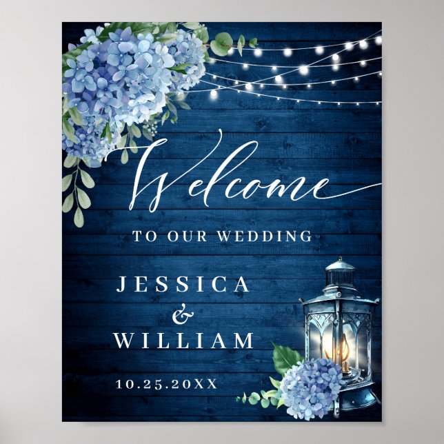 Poster Casamento de Boas-vindas da Madeira Azul Hydrangea (Frente)